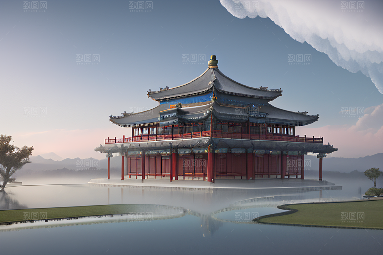 云上古典宫殿层层彩色晶莹气泡云