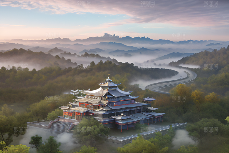 云上古典宫殿层层彩色晶莹气泡云