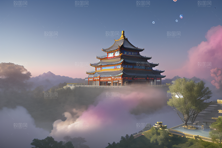 云上古典宫殿层层彩色晶莹气泡云