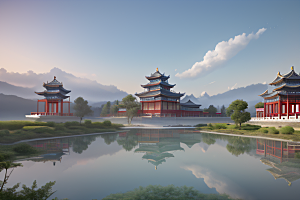 云上古典宫殿层层彩色晶莹气泡云