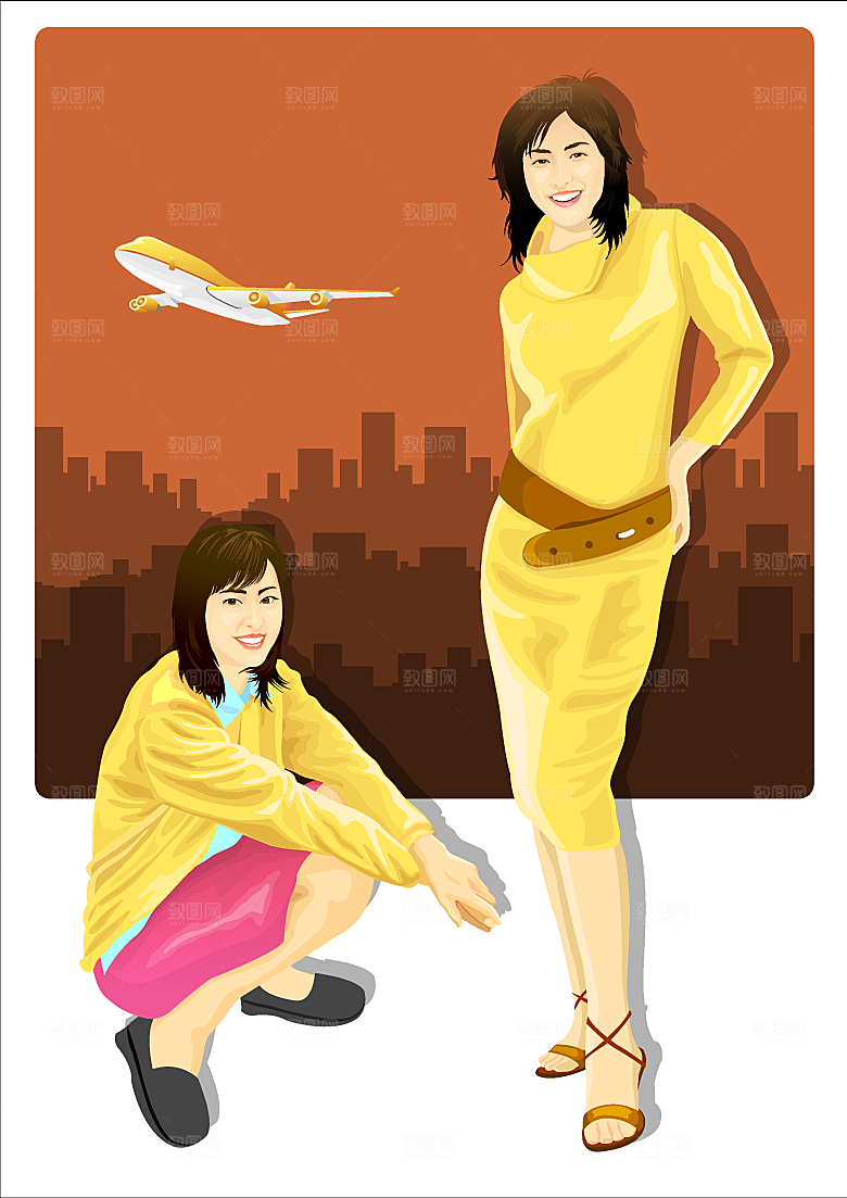 卡通美女矢量手绘素材