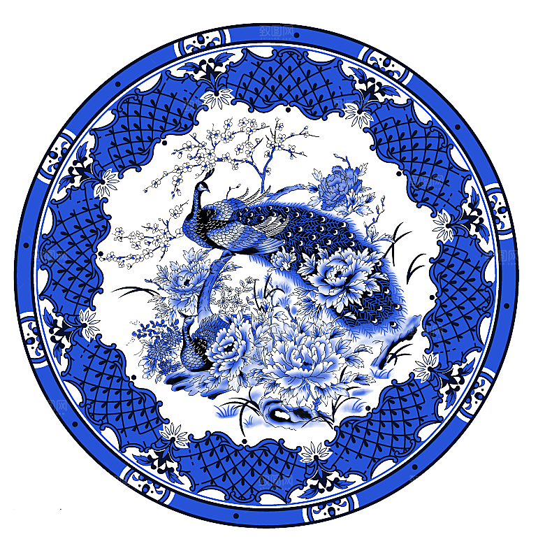古代青花瓷图案花纹免扣元素