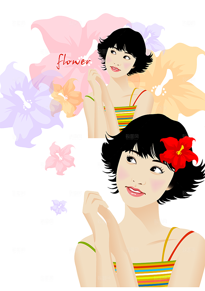 卡通手绘女孩游玩场景素材