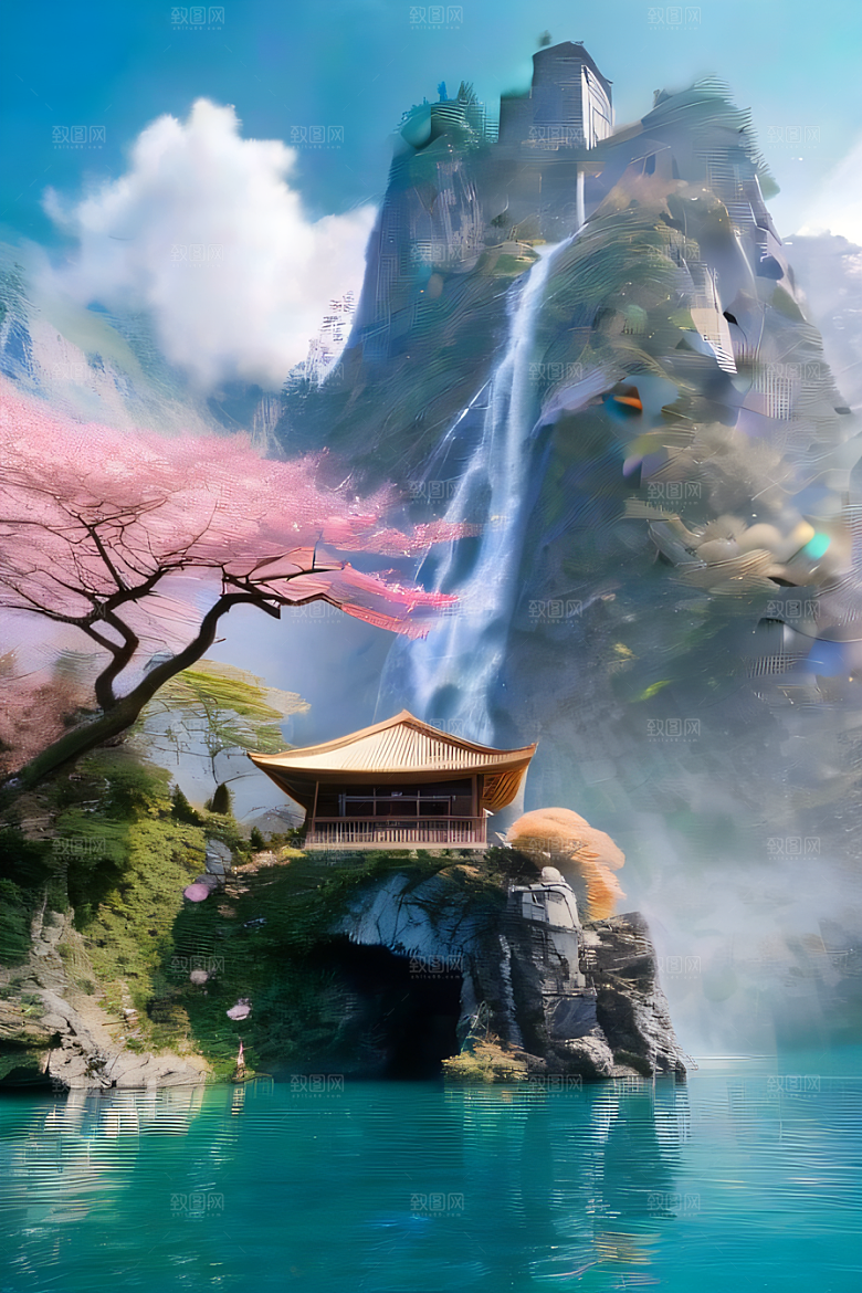 心灵之旅白云与粉红桃花的梦幻