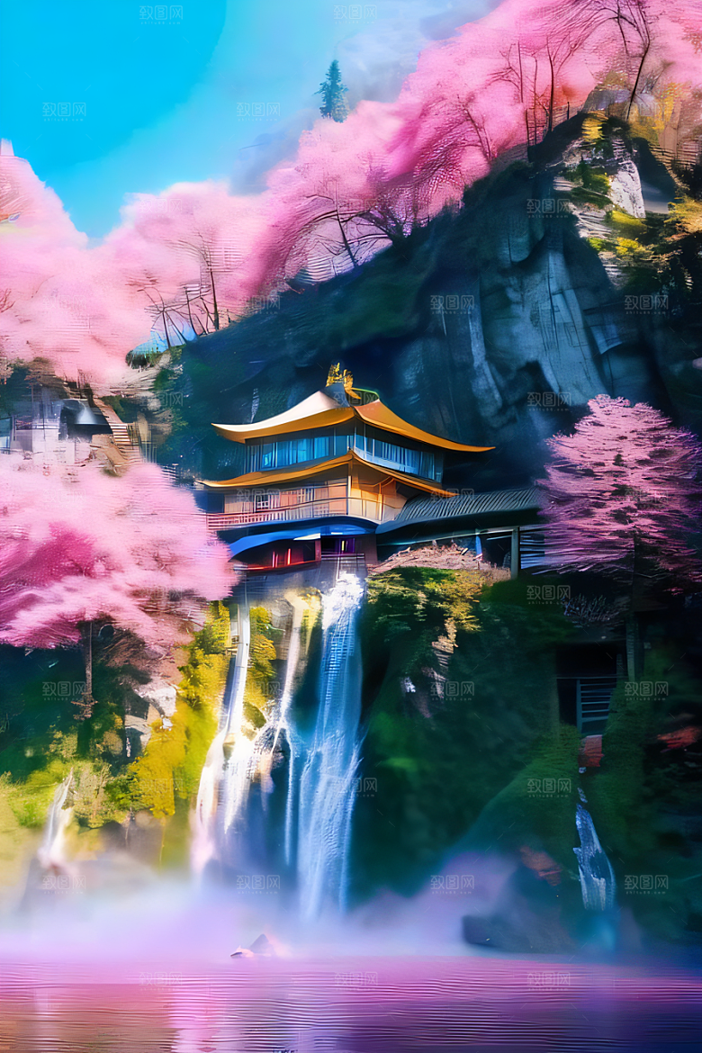 梦想的仙境中国宫殿与水雾瀑布