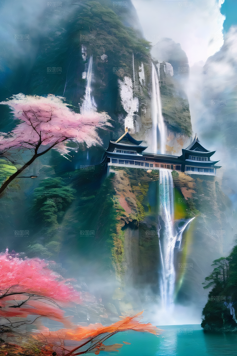 梦想的仙境中国宫殿与水雾瀑布