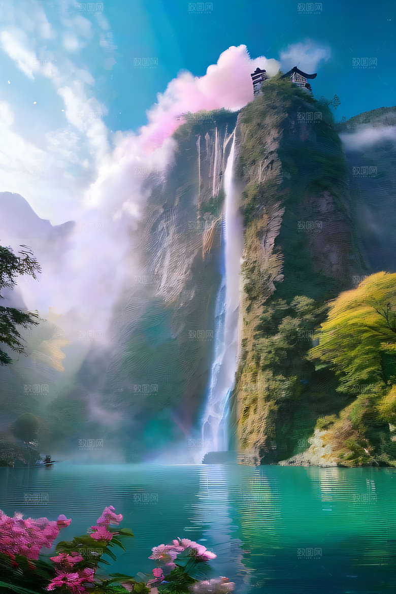 神秘水晶巨大悬崖下的梦幻云