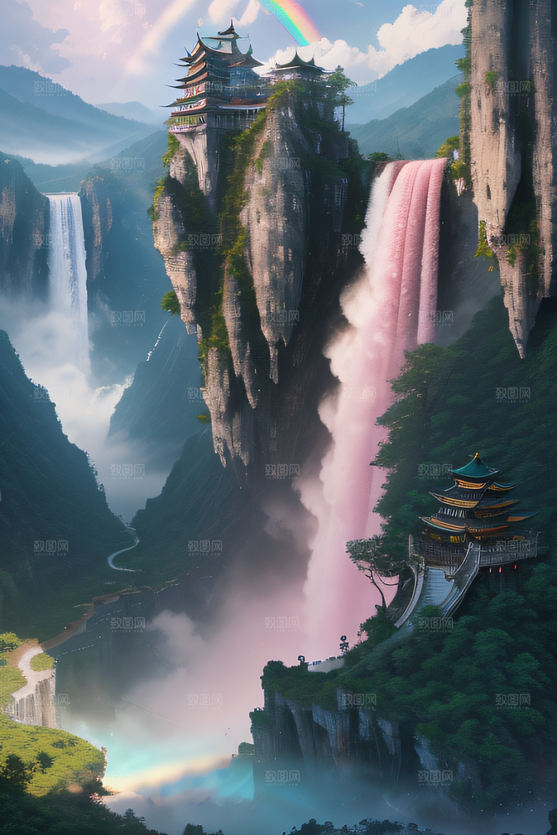 童话仙境白云与粉红桃花的幻境