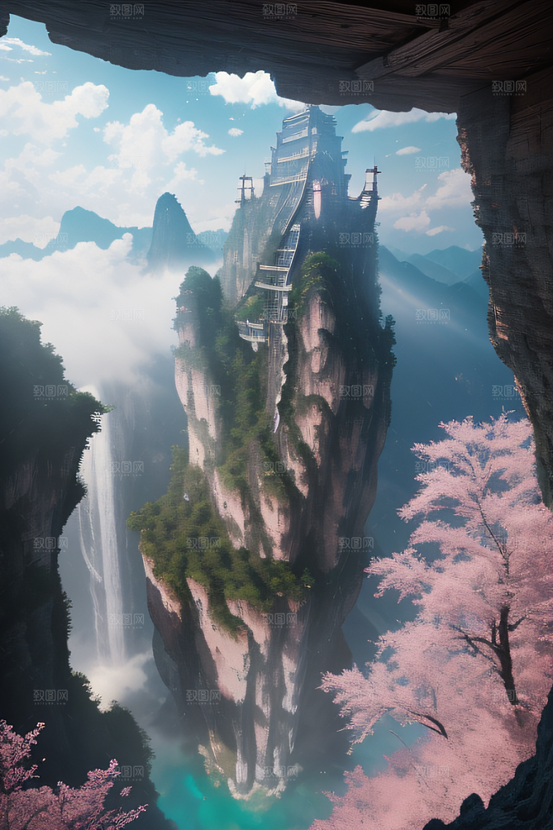 童话仙境白云与粉红桃花的幻境
