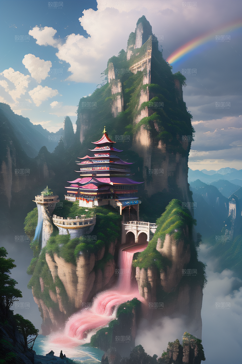 美丽宫殿下彩虹瀑布与水雾魔法
