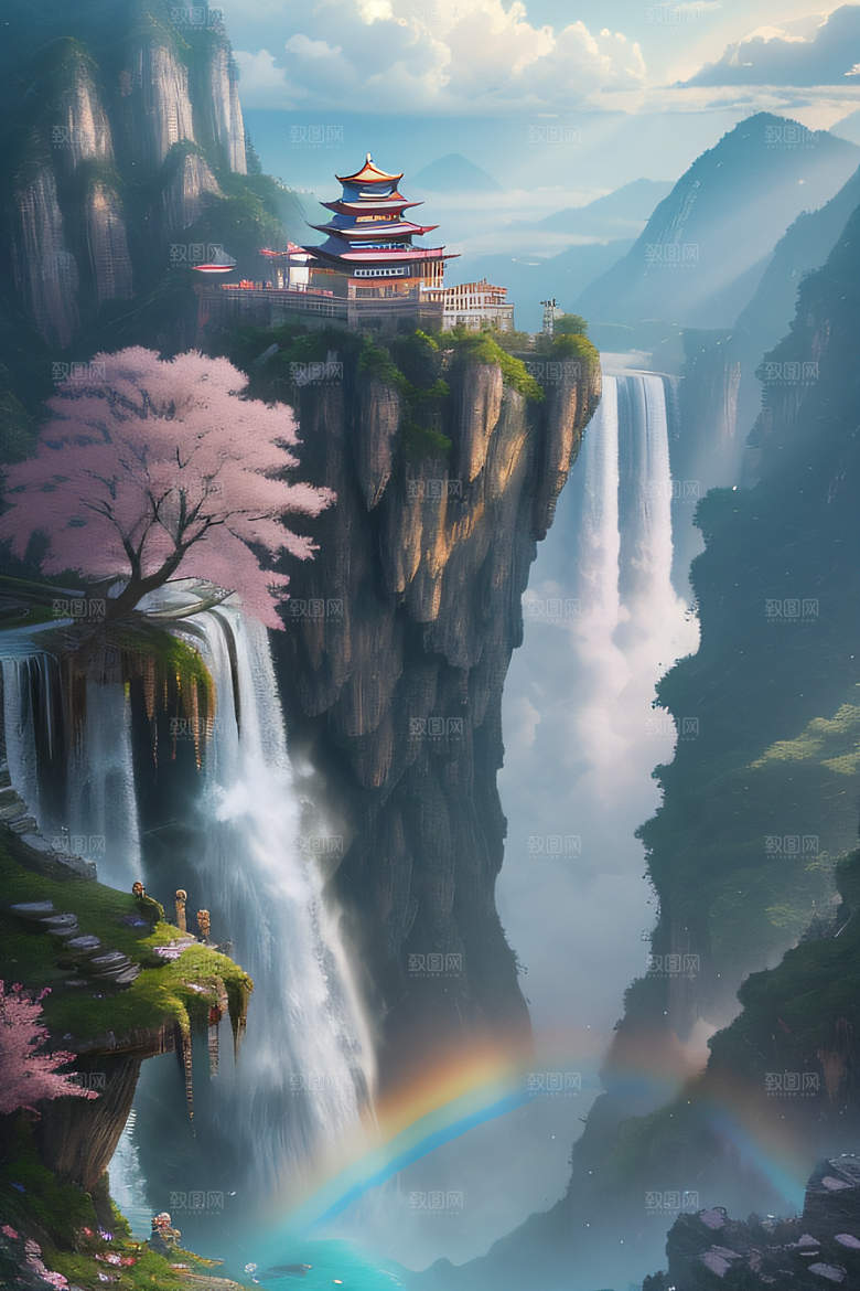 美丽宫殿下彩虹瀑布与水雾魔法