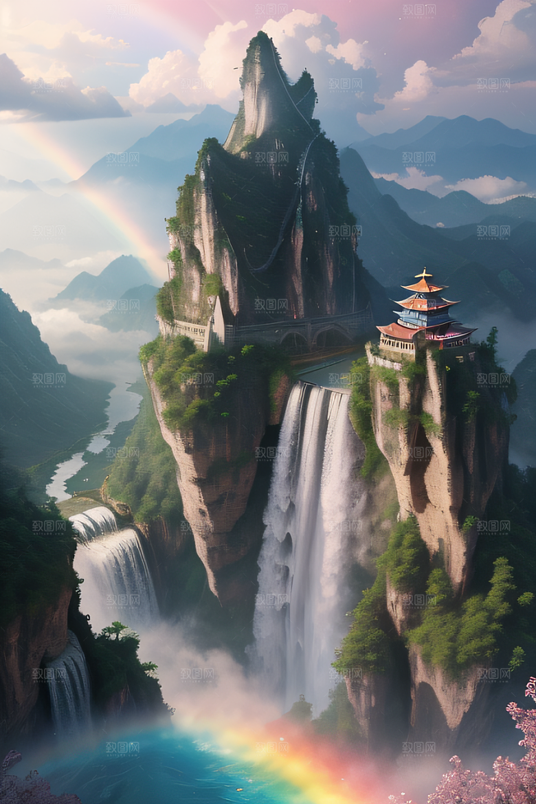 美丽宫殿下彩虹瀑布与水雾魔法