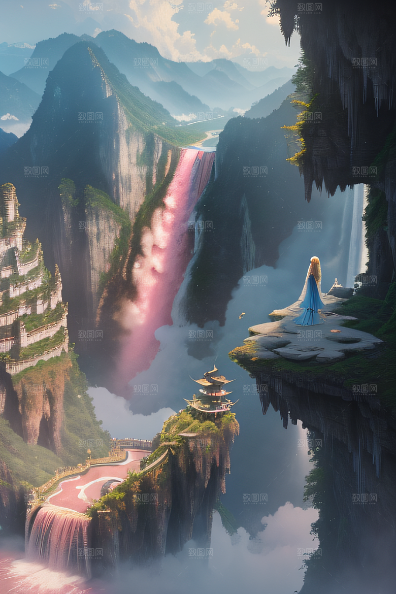 美丽宫殿下彩虹瀑布与水雾魔法