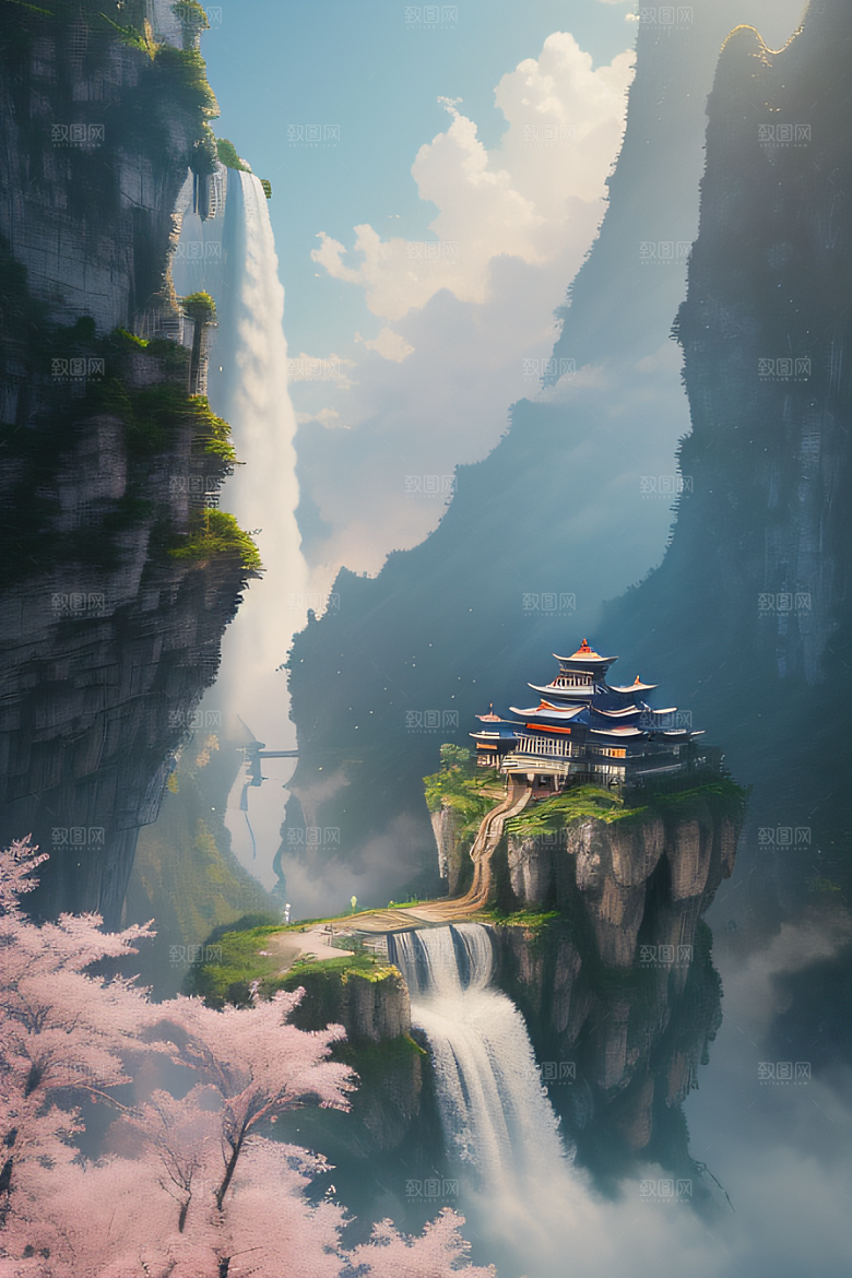 美丽宫殿下彩虹瀑布与水雾魔法