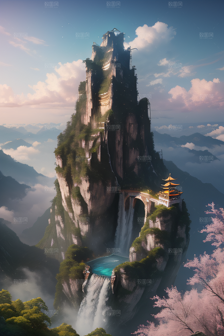 美丽宫殿下彩虹瀑布与水雾魔法