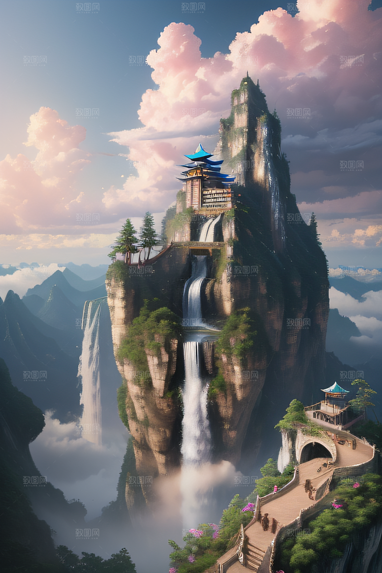 美丽宫殿下彩虹瀑布与水雾魔法