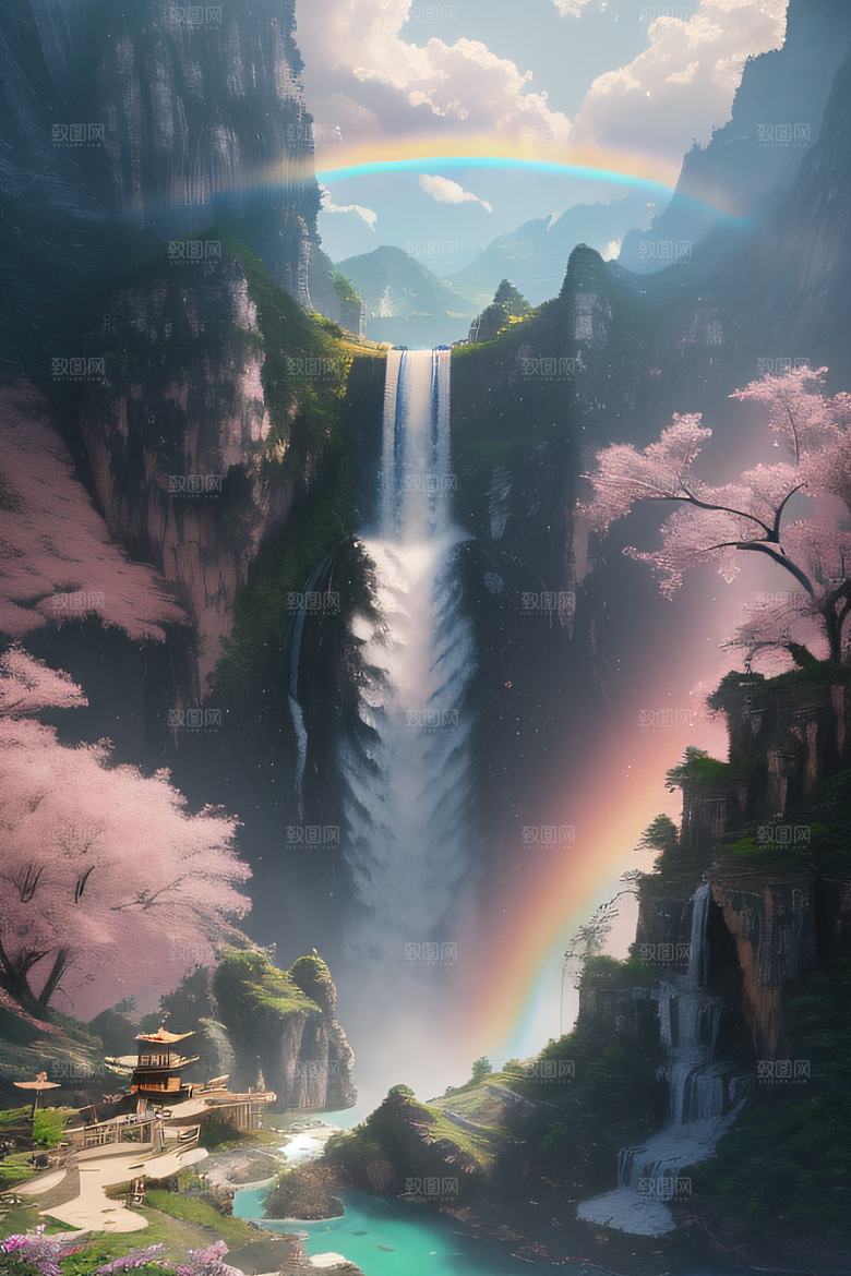 美丽宫殿下彩虹瀑布与水雾魔法