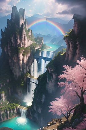 美丽宫殿下彩虹瀑布与水雾魔法