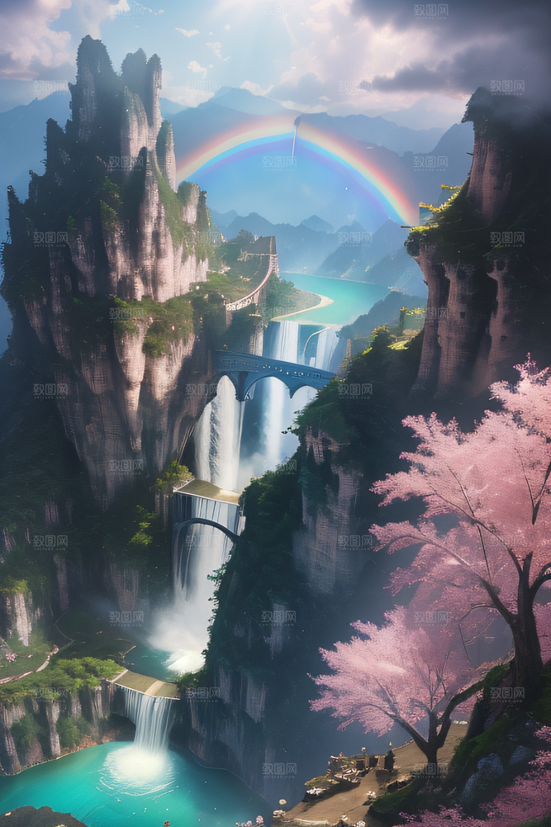 美丽宫殿下彩虹瀑布与水雾魔法