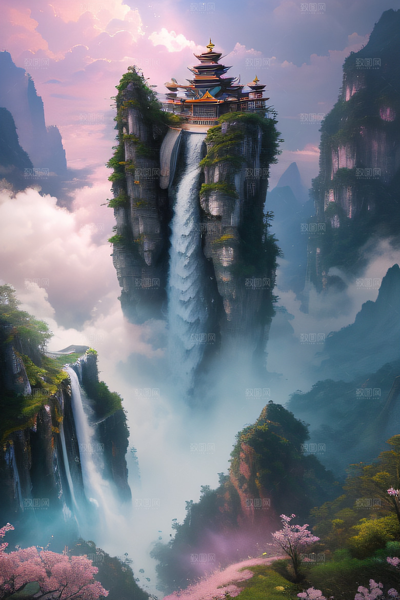 心灵之旅白云与粉红桃花的梦幻