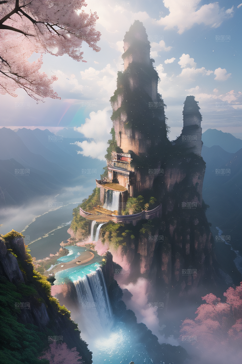 心灵之旅白云与粉红桃花的梦幻