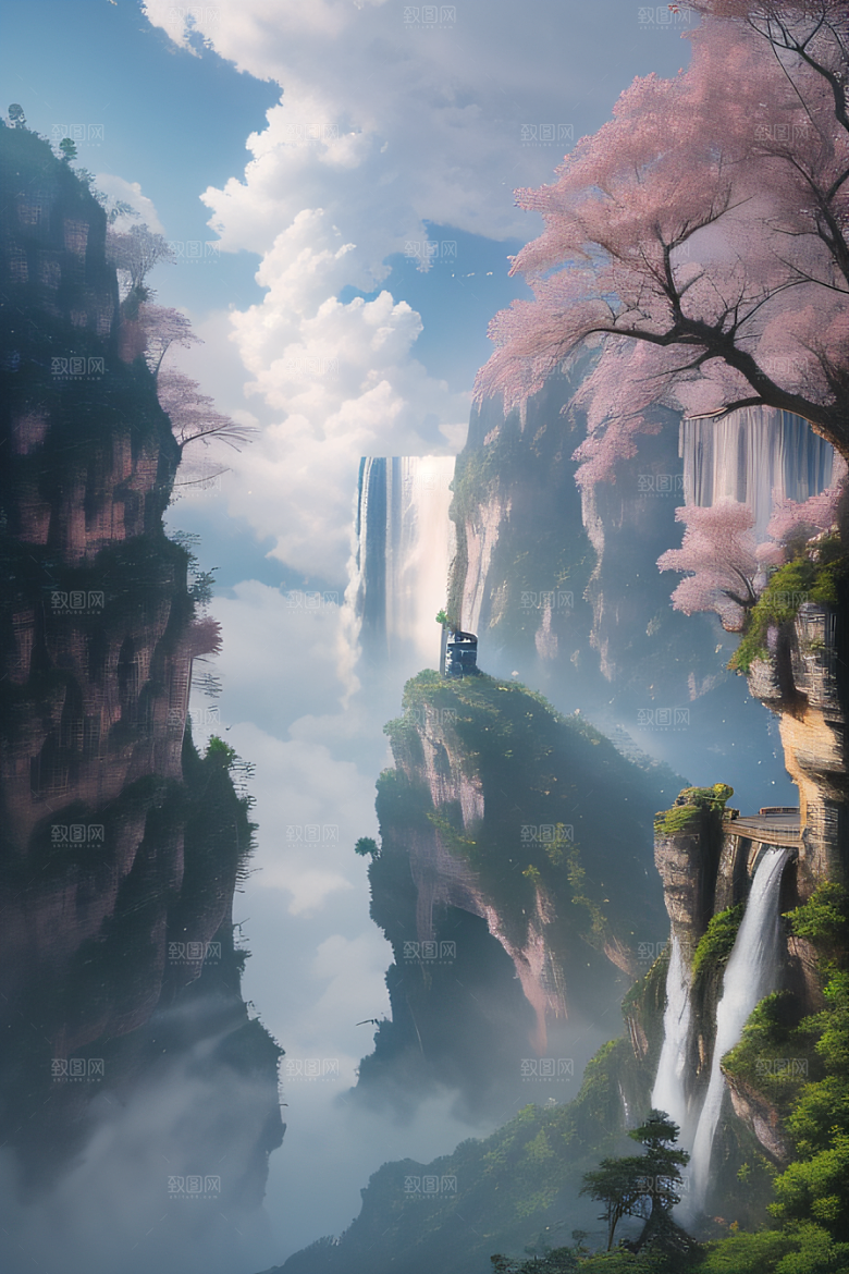 心灵之旅白云与粉红桃花的梦幻