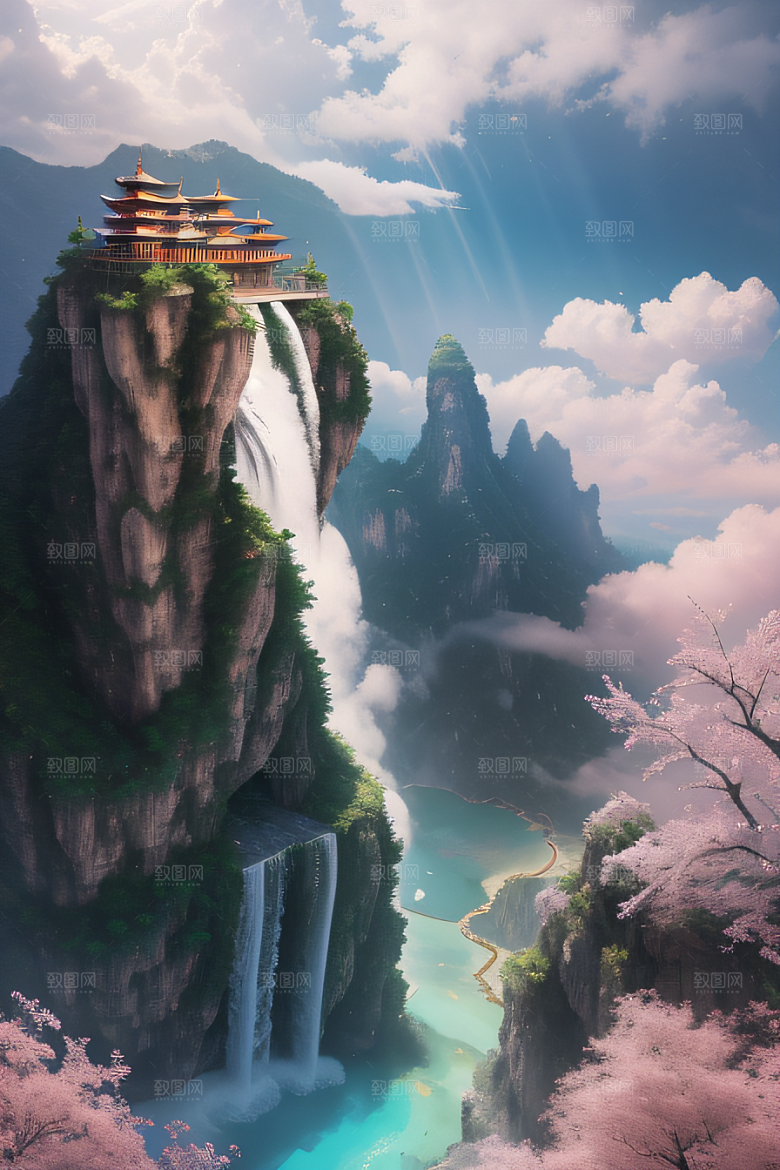 心灵之旅白云与粉红桃花的梦幻