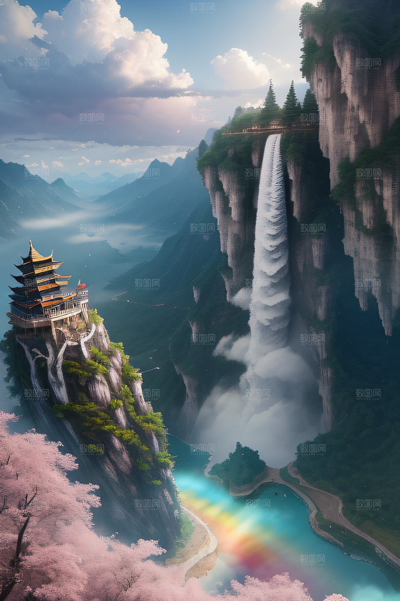 心灵之旅白云与粉红桃花的梦幻