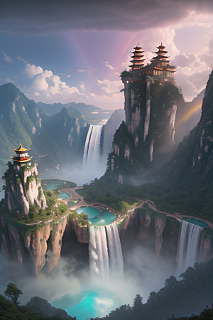 梦想的仙境中国宫殿与水雾瀑布