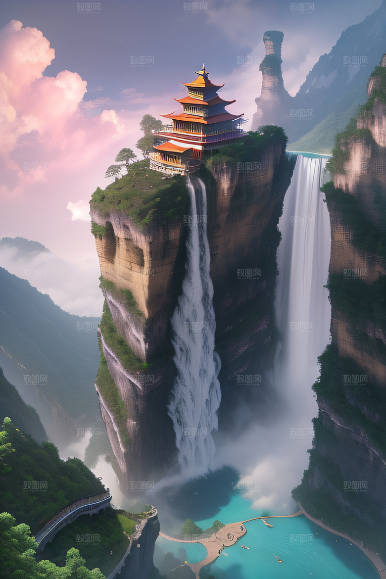 梦想的仙境中国宫殿与水雾瀑布