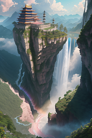 梦想的仙境中国宫殿与水雾瀑布
