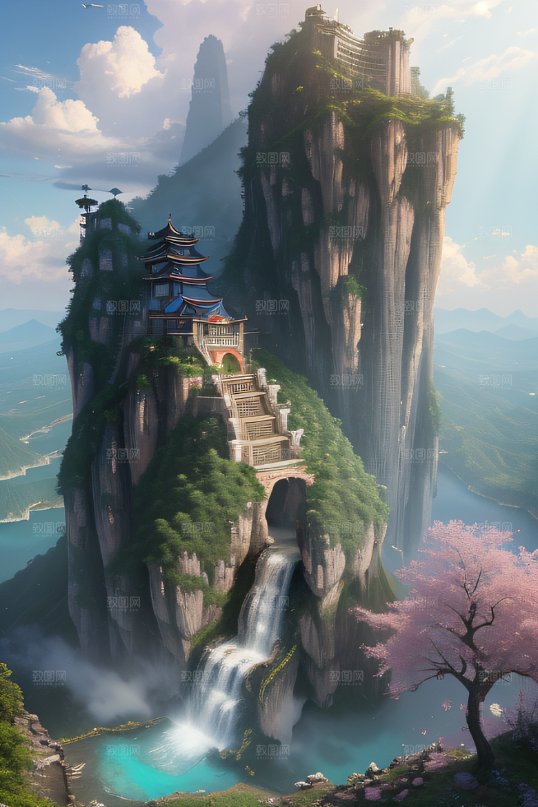 梦想的仙境中国宫殿与水雾瀑布