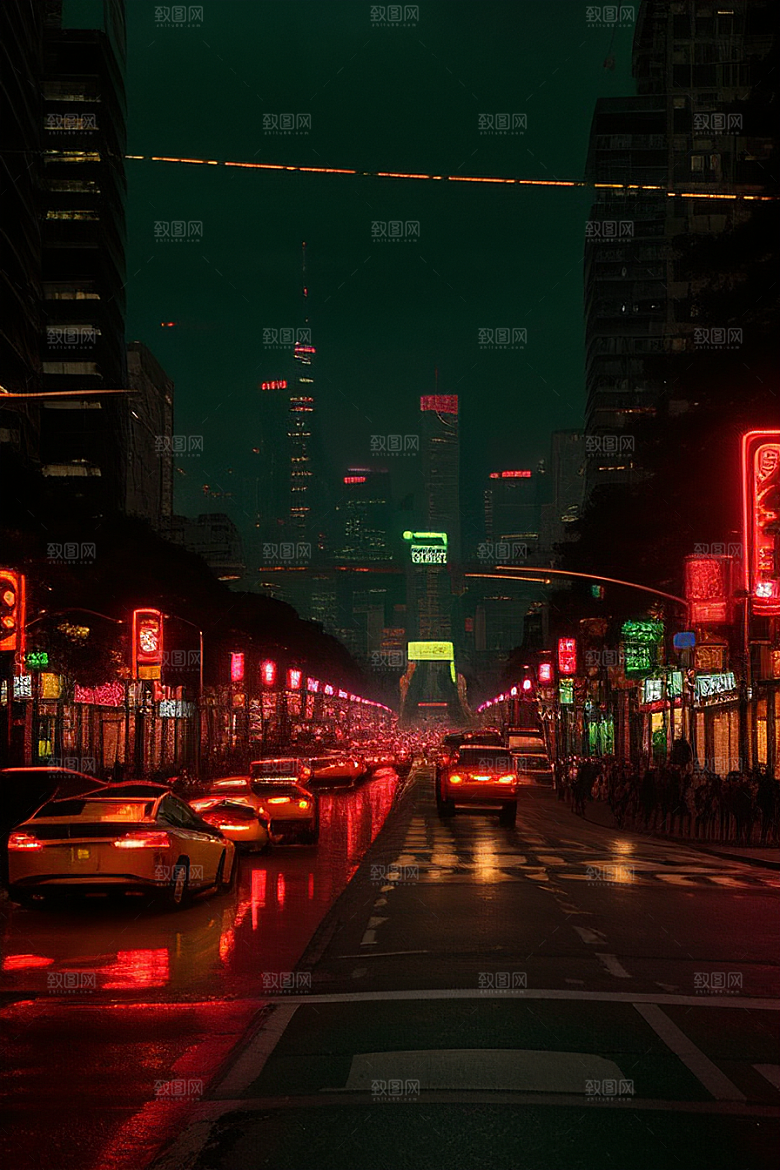 夜晚街道车流如织
