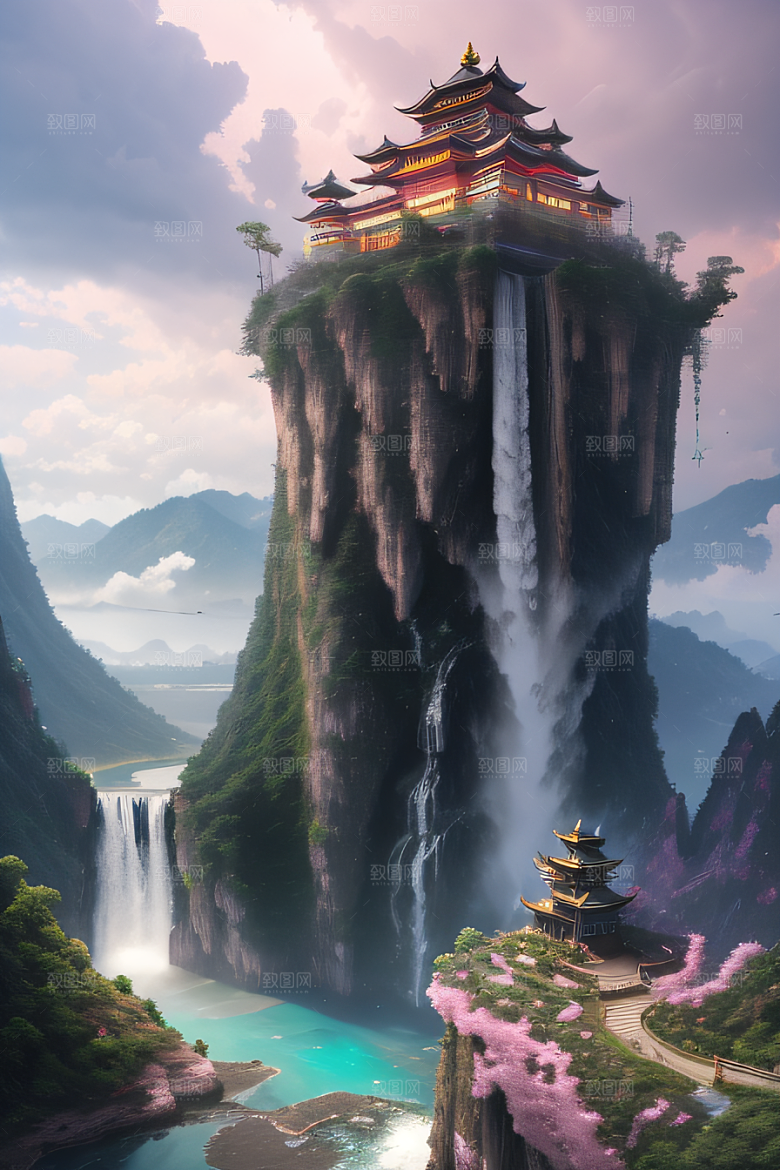 童话般的梦境巨大悬崖与水晶云