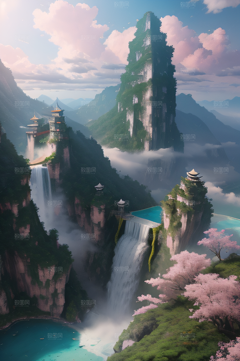 童话般的梦境巨大悬崖与水晶云