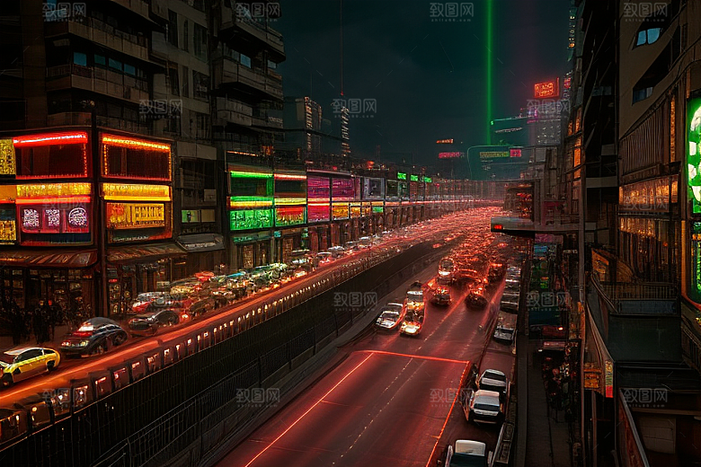 夜晚街道车流喧嚣