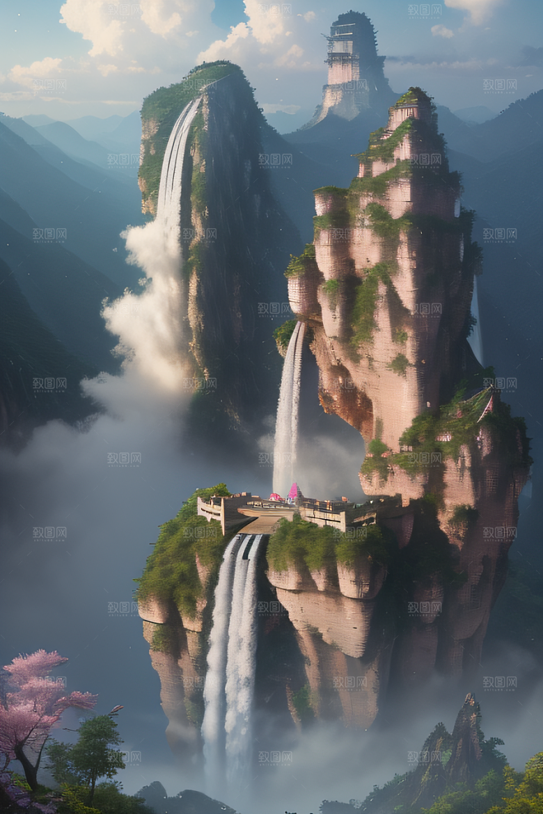 童话般的梦境巨大悬崖与水晶云