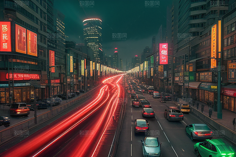 夜晚街道车流喧嚣