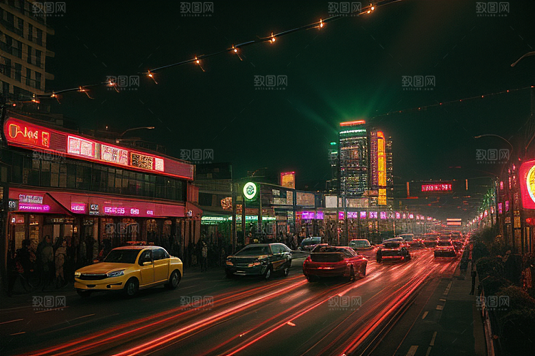 夜晚街道车流繁忙景象