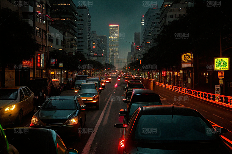 夜晚街道车流繁忙景象