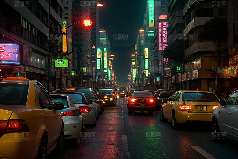 夜晚街道车流繁忙景象