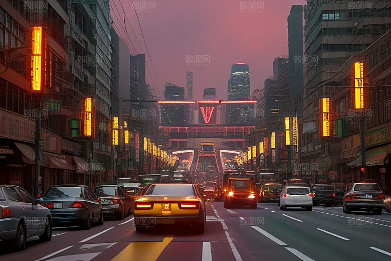 夜晚街道车流繁忙景象