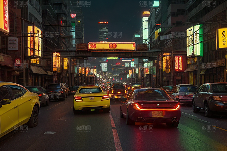 夜晚街道车流繁忙景象