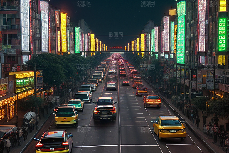 夜晚街道车流繁忙景象