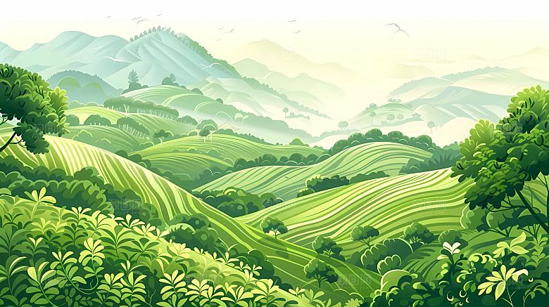 茶山茶田茶叶场景插画