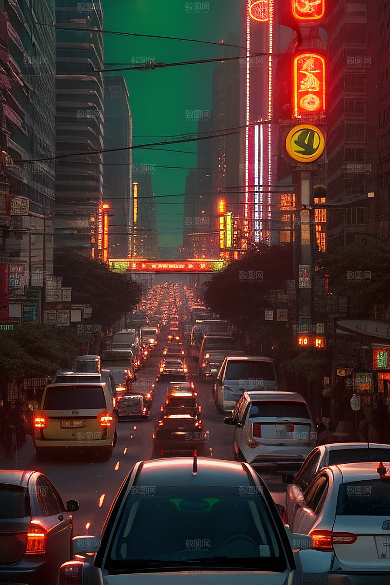 夜晚街道车流如织