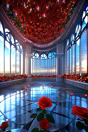 超细节水晶宫殿红玫瑰与梦幻灯光