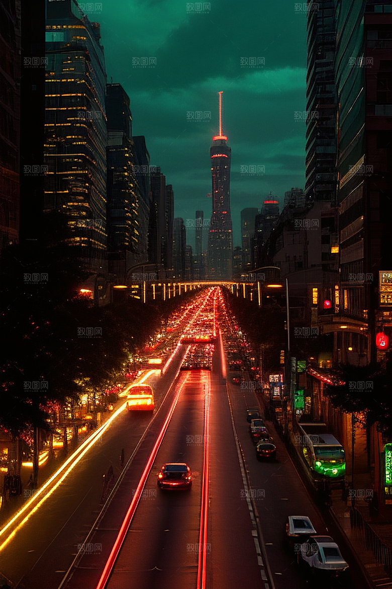 夜晚街道车流如织