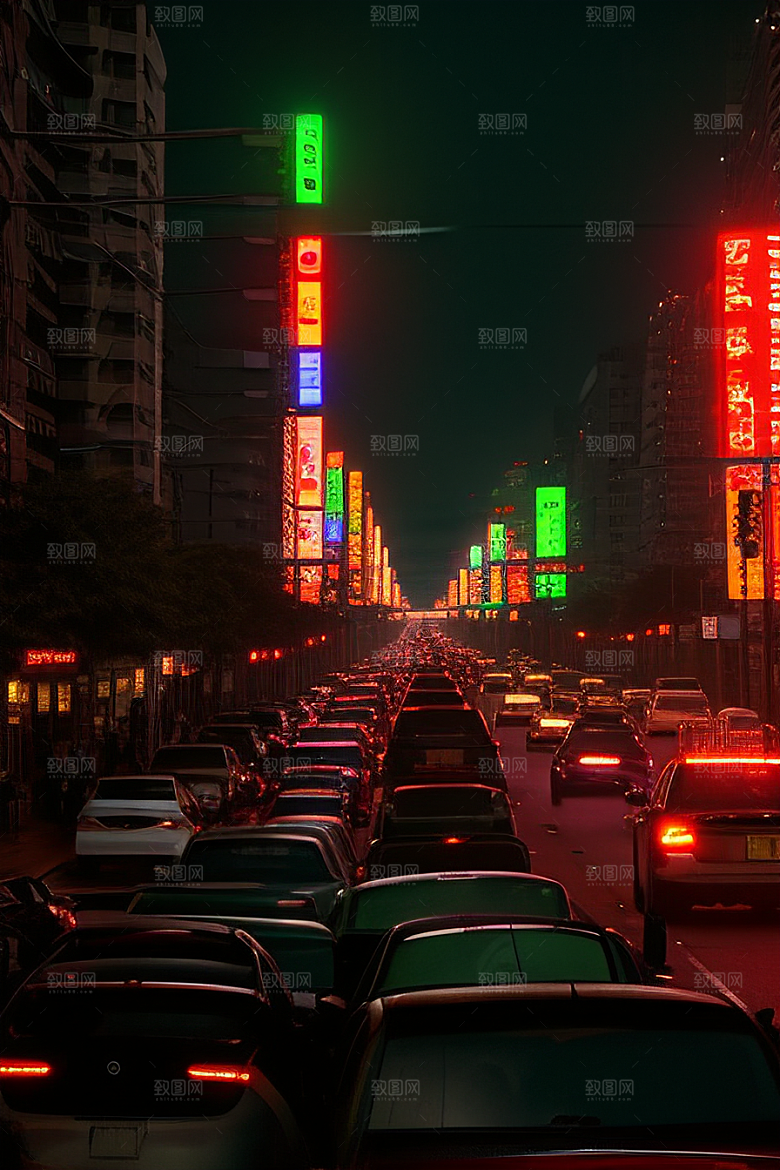 夜晚街道车流如织