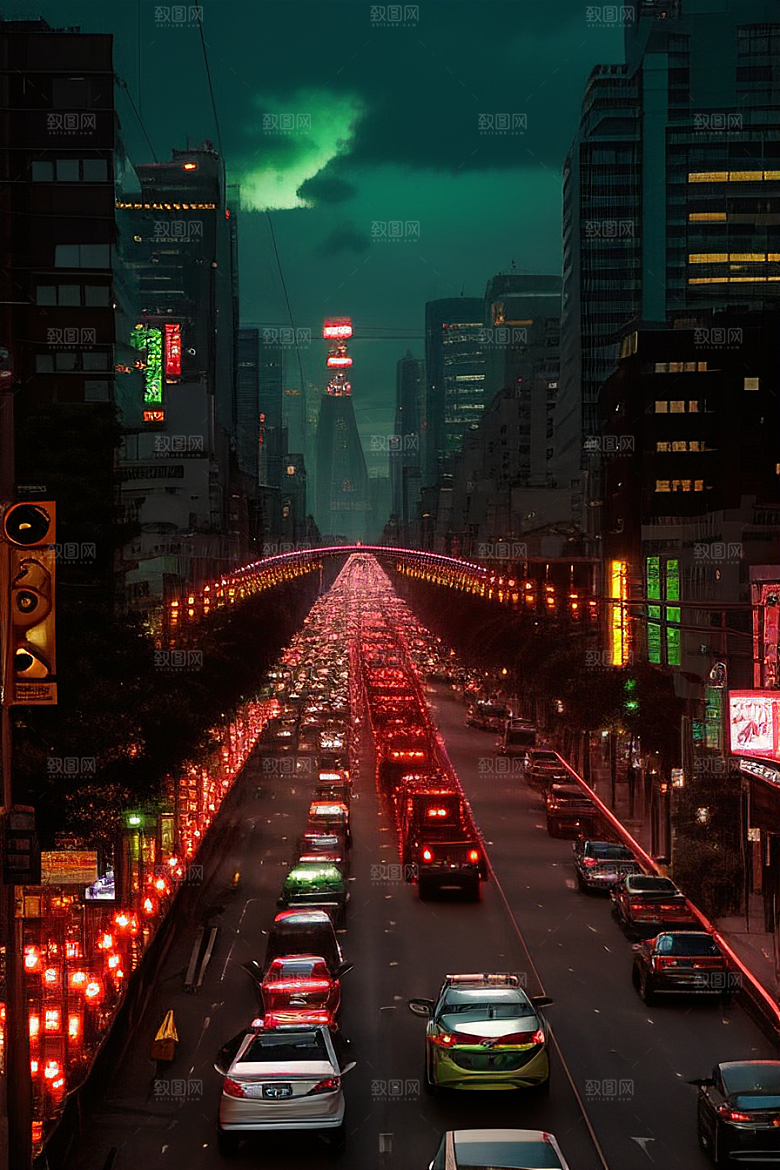 夜晚街道车流不息
